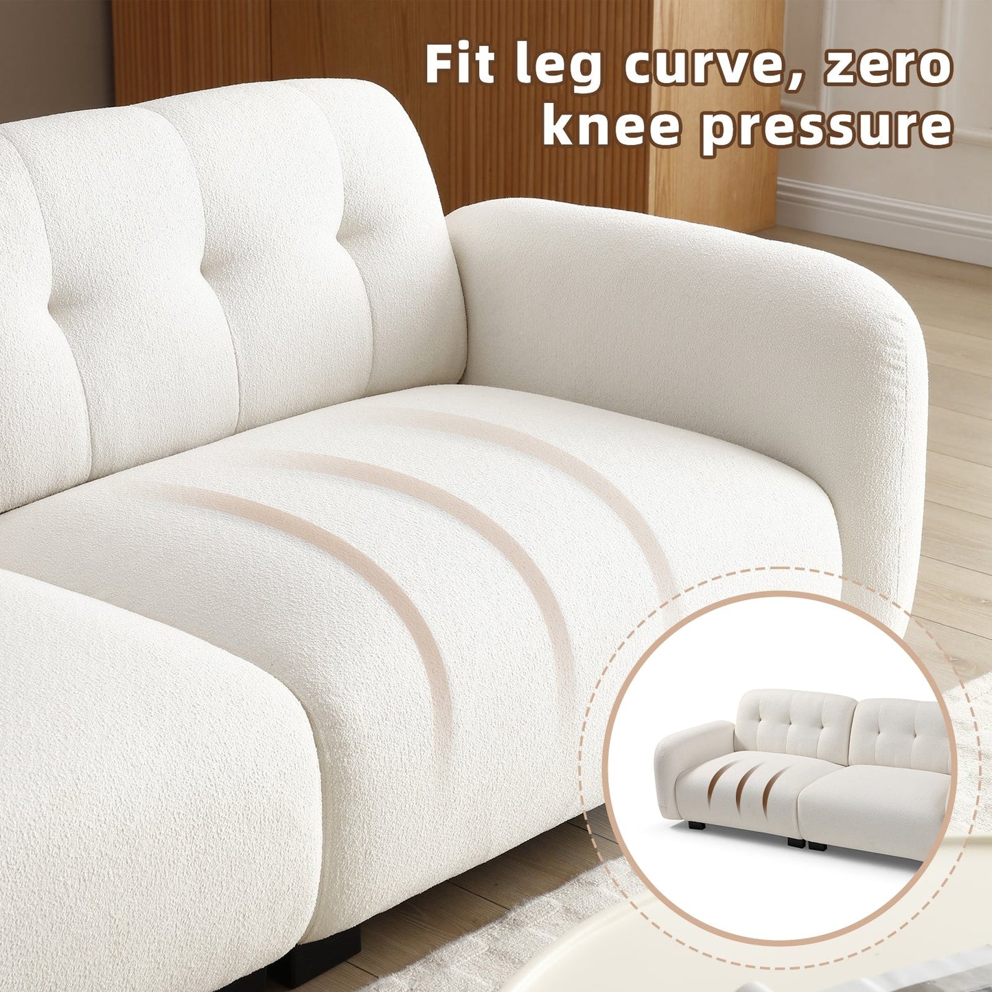 Divano moderno beige Teddy a 3 posti con seduta profonda, gambe in legno e rivestimento per soggiorno