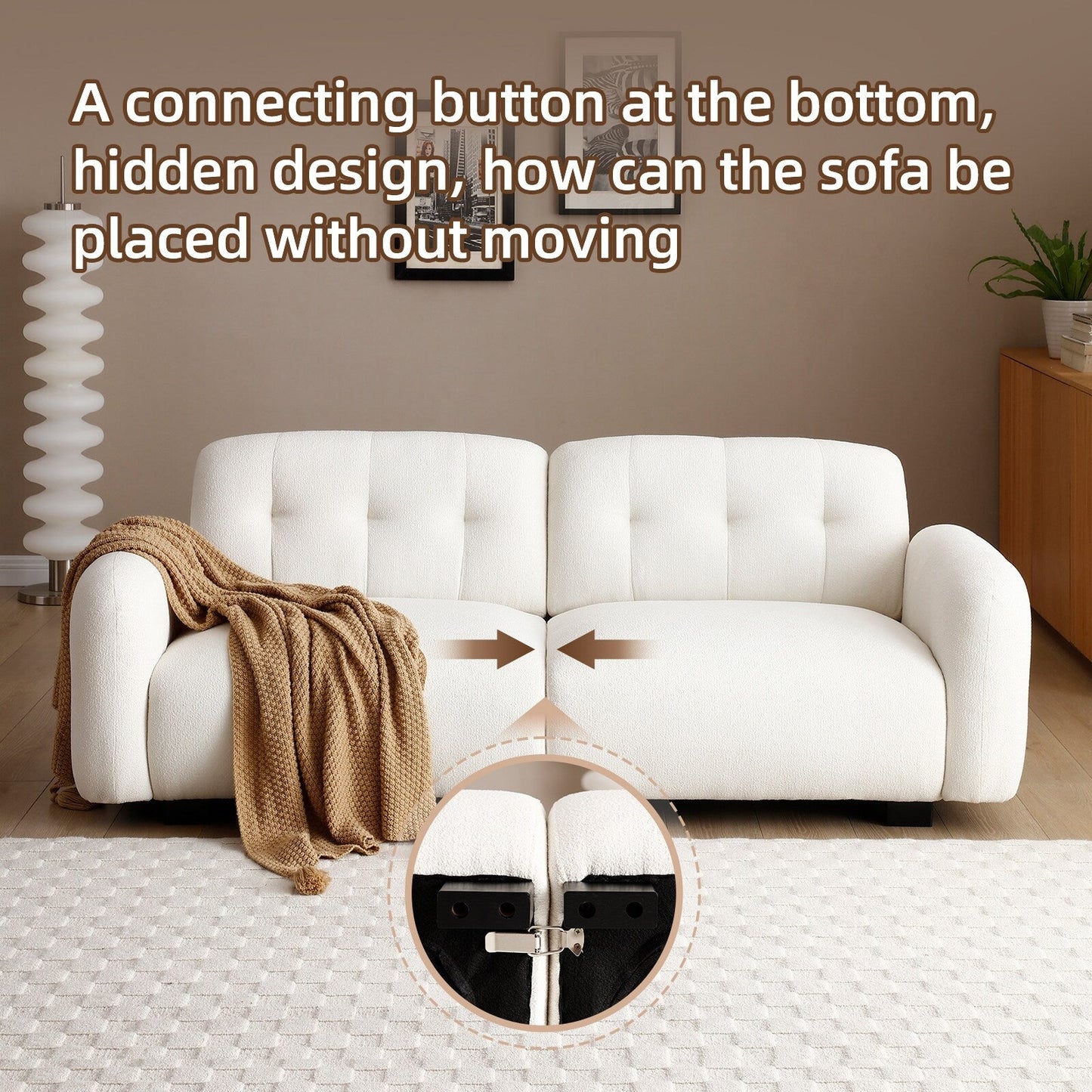 Divano moderno beige Teddy a 3 posti con seduta profonda, gambe in legno e rivestimento per soggiorno