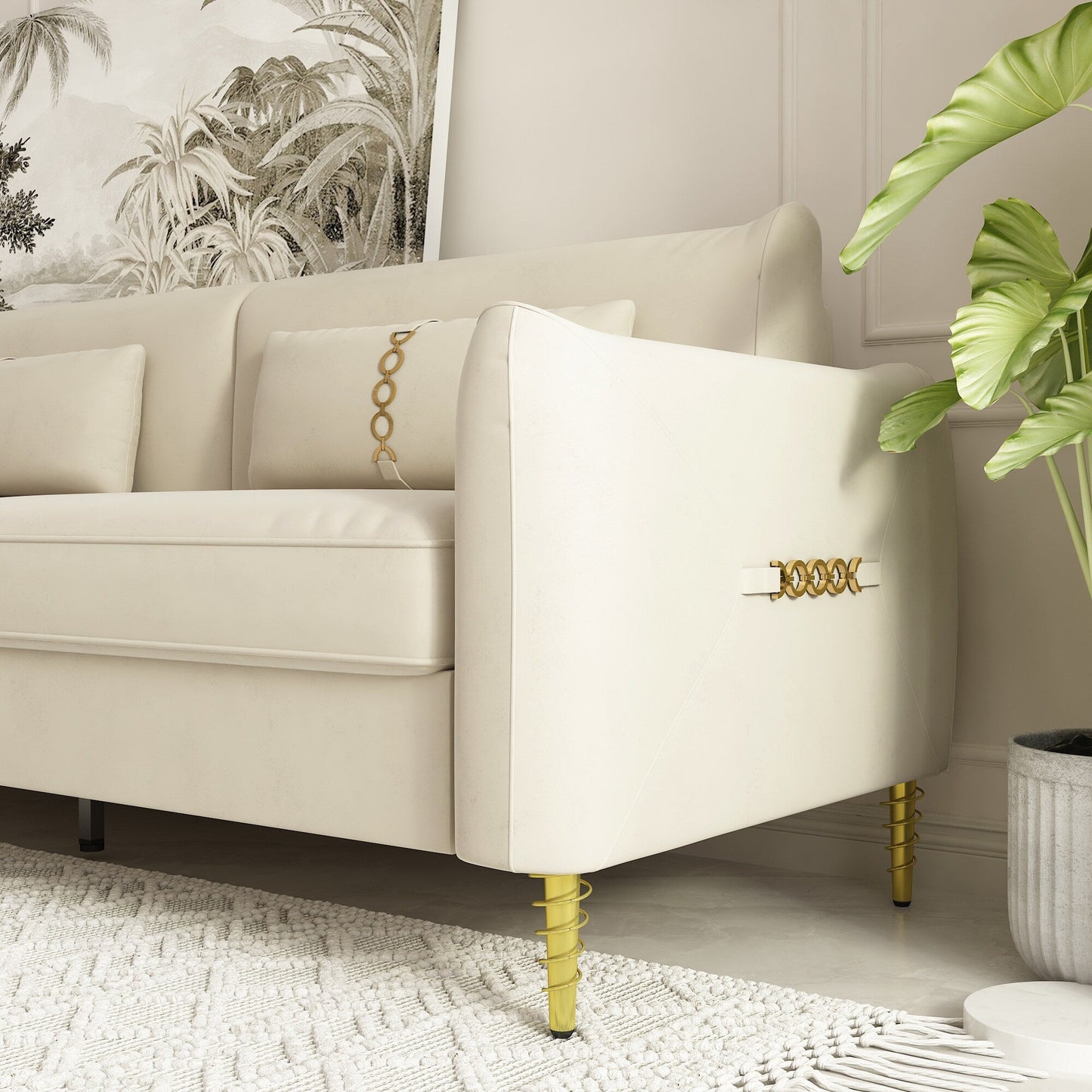 Divano a due posti in velluto beige moderno 85.43 con gambe e cuscini dorati per soggiorno