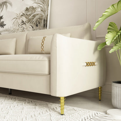 Divano a due posti in velluto beige moderno 85.43 con gambe e cuscini dorati per soggiorno