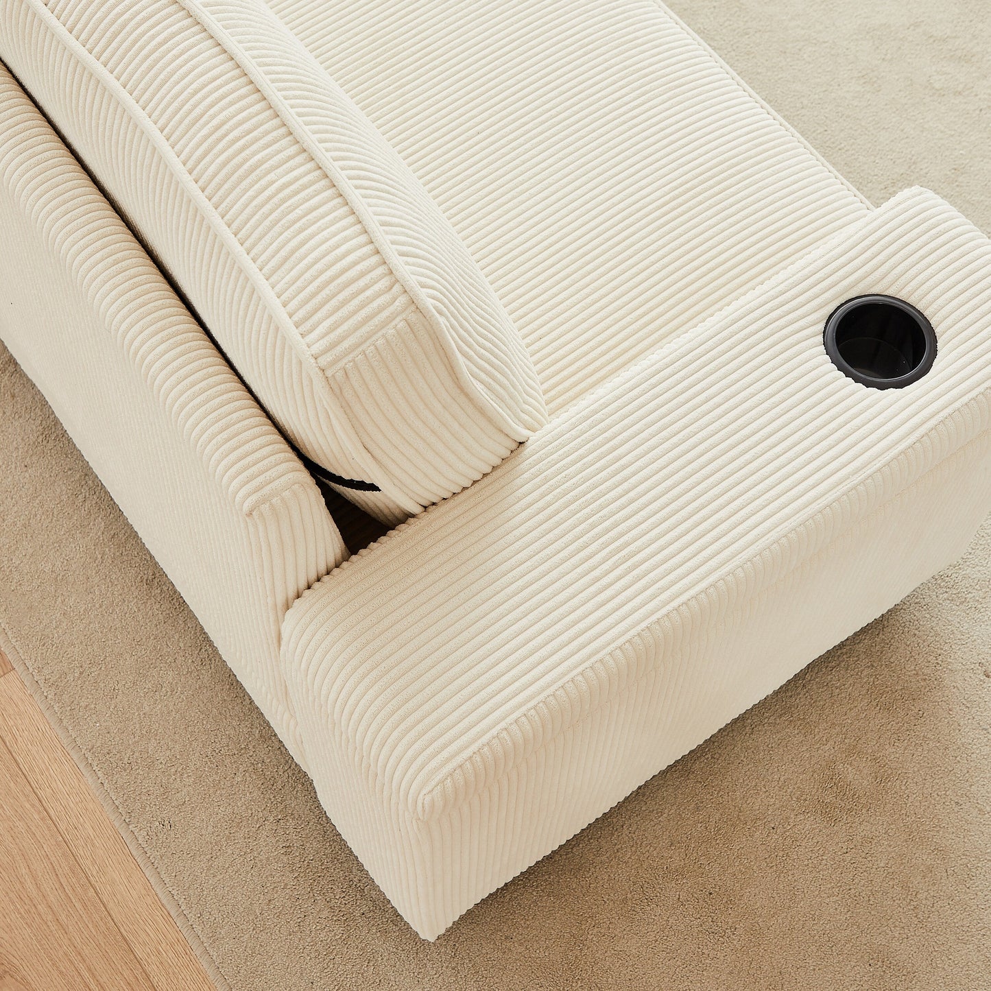 Divano moderno beige in velluto a coste da 86,5 pollici a 3 posti con due vani portaoggetti, porte di ricarica USB e 2 portabicchieri