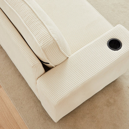 Divano moderno beige in velluto a coste da 86,5 pollici a 3 posti con due vani portaoggetti, porte di ricarica USB e 2 portabicchieri