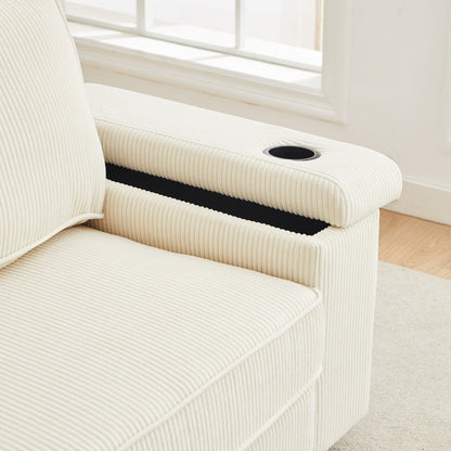 Divano moderno beige in velluto a coste da 86,5 pollici a 3 posti con due vani portaoggetti, porte di ricarica USB e 2 portabicchieri