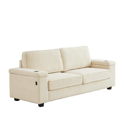 Divano moderno beige in velluto a coste da 86,5 pollici a 3 posti con due vani portaoggetti, porte di ricarica USB e 2 portabicchieri