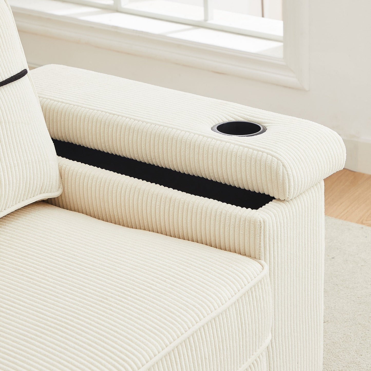 Divano moderno beige in velluto a coste da 86,5 pollici a 3 posti con due vani portaoggetti, porte di ricarica USB e 2 portabicchieri