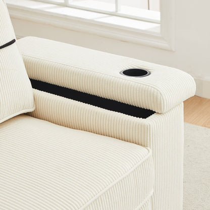 Divano moderno beige in velluto a coste da 86,5 pollici a 3 posti con due vani portaoggetti, porte di ricarica USB e 2 portabicchieri