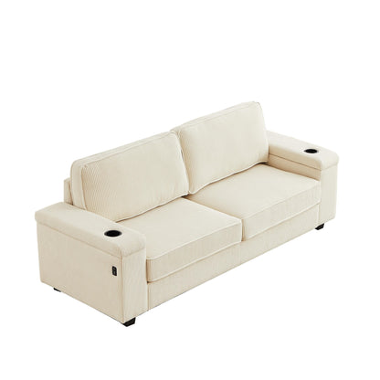Divano moderno beige in velluto a coste da 86,5 pollici a 3 posti con due vani portaoggetti, porte di ricarica USB e 2 portabicchieri