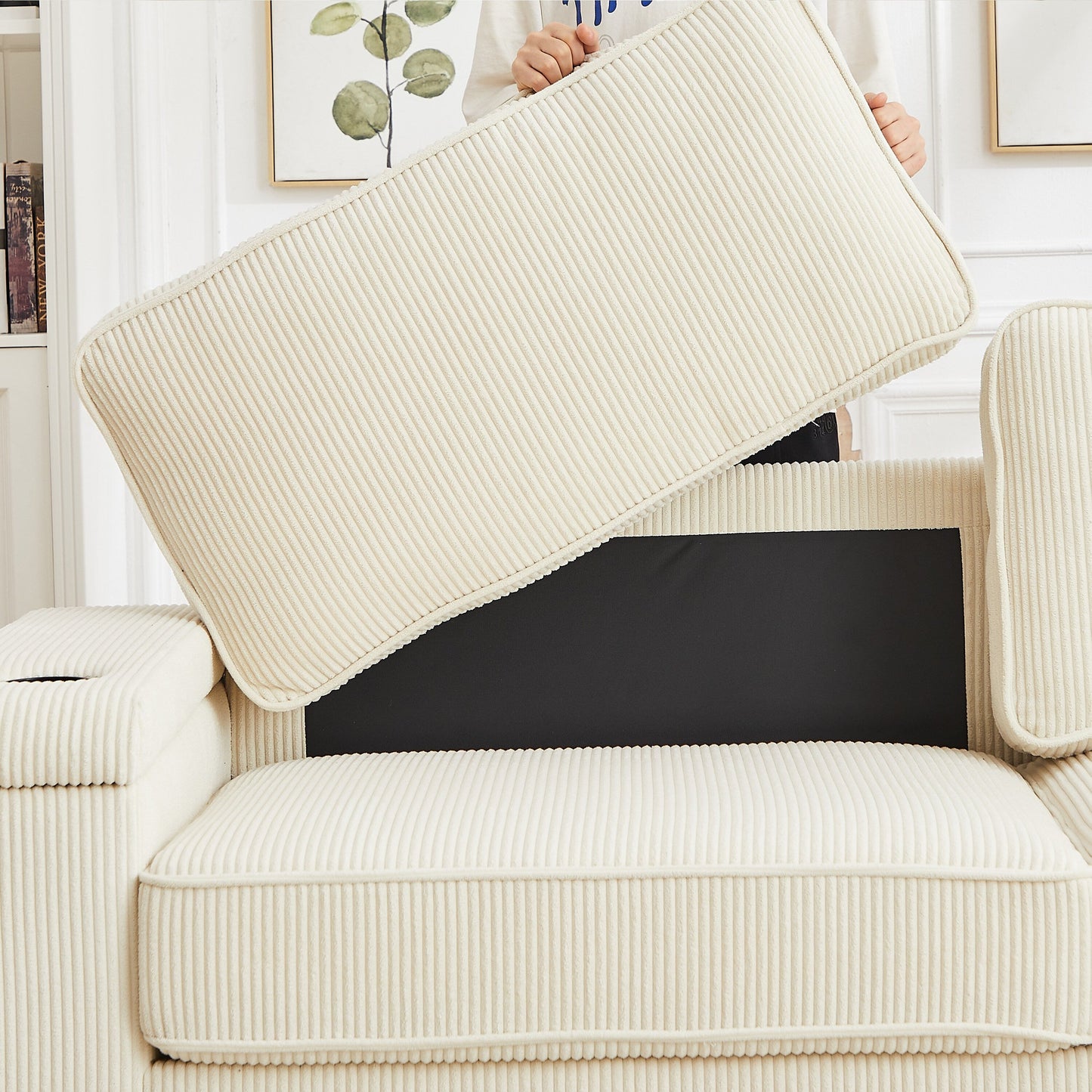 Divano moderno beige in velluto a coste da 86,5 pollici a 3 posti con due vani portaoggetti, porte di ricarica USB e 2 portabicchieri