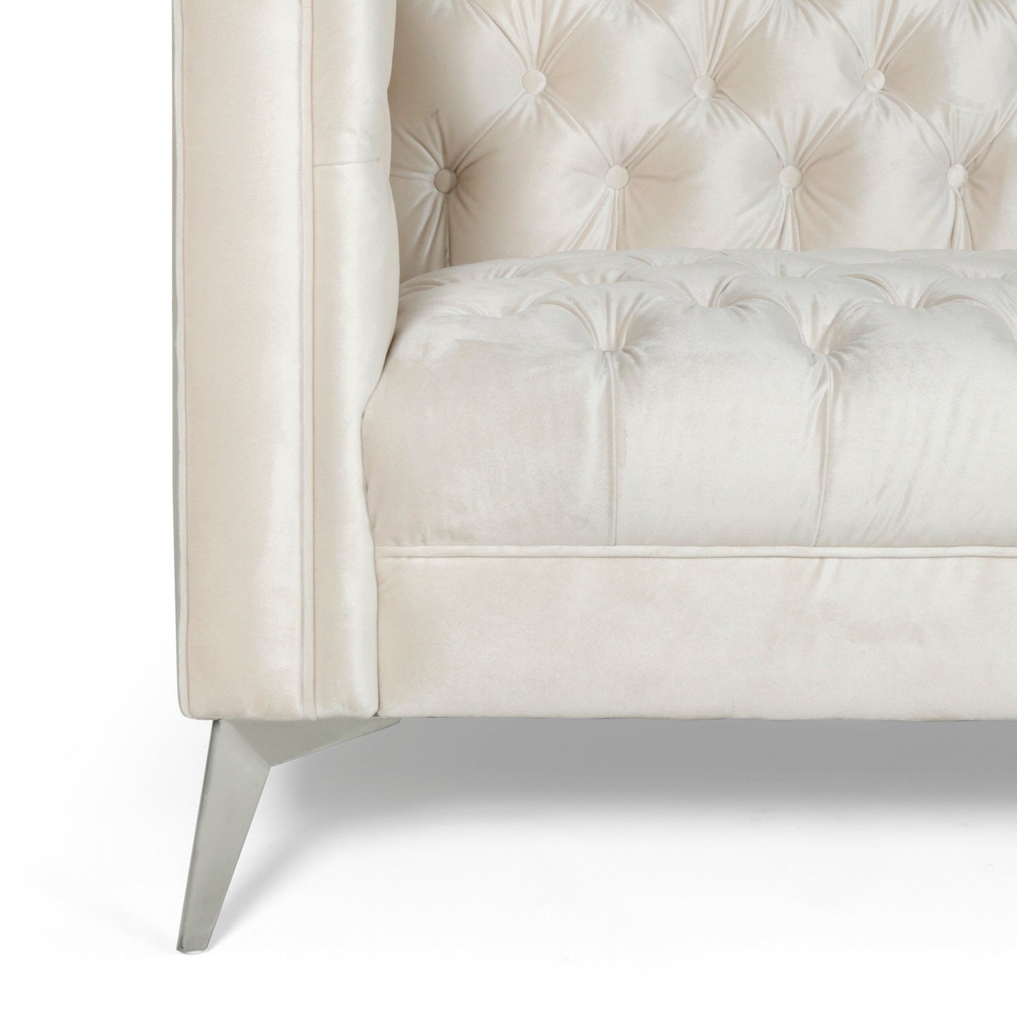 Divano moderno beige 86,75 in similpelle con bottoni, trapuntato, gambe in ferro lisce a forma di T per soggiorno