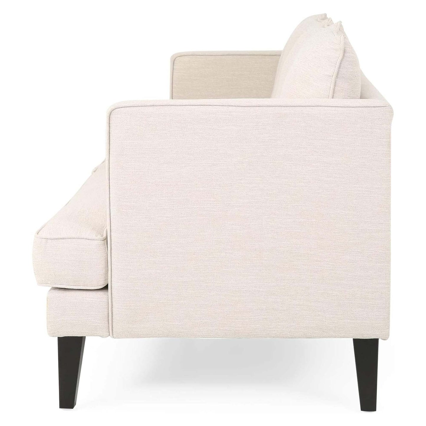Divano moderno beige 86 a 3 posti con gambe in legno e schienale trapuntato per soggiorno