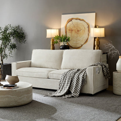 Divano moderno beige 87.4 in velluto a coste a 3 posti con seduta profonda, portabicchieri e borse portaoggetti per soggiorno