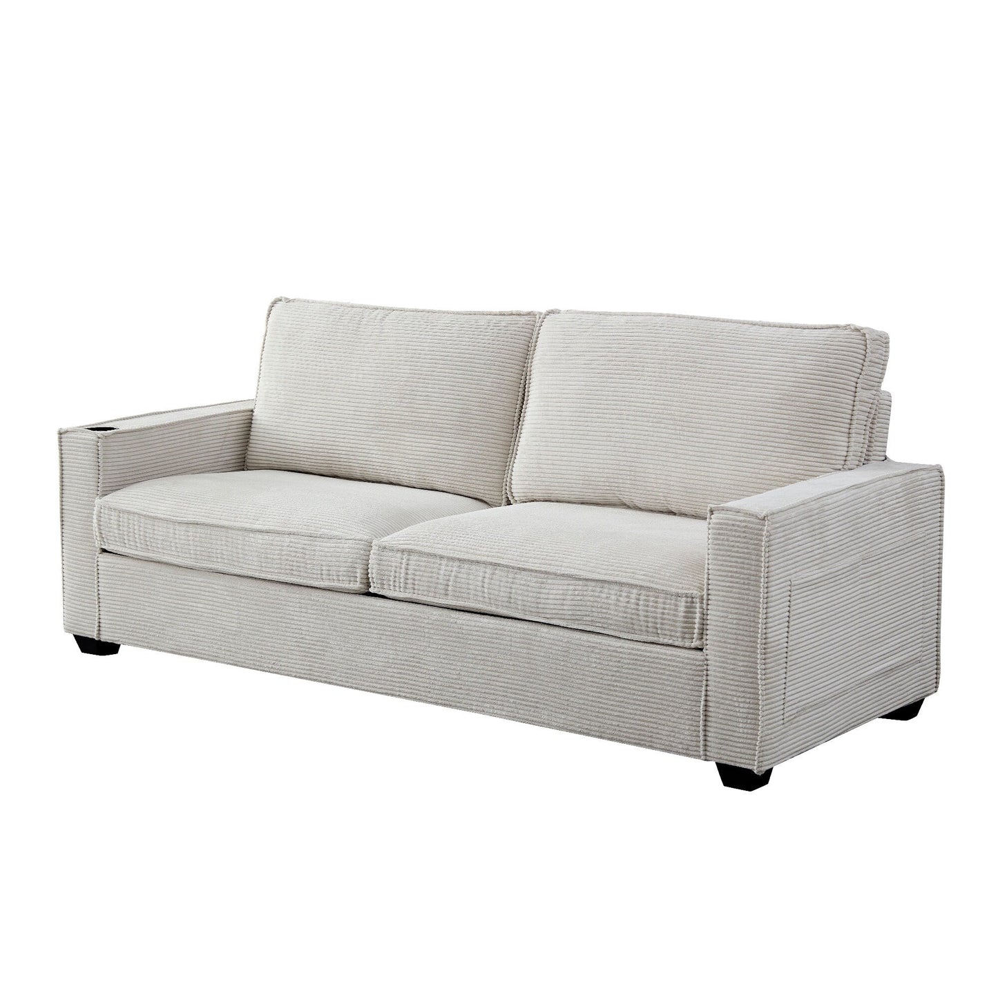 Divano moderno beige 87.4 in velluto a coste a 3 posti con seduta profonda, portabicchieri e borse portaoggetti per soggiorno