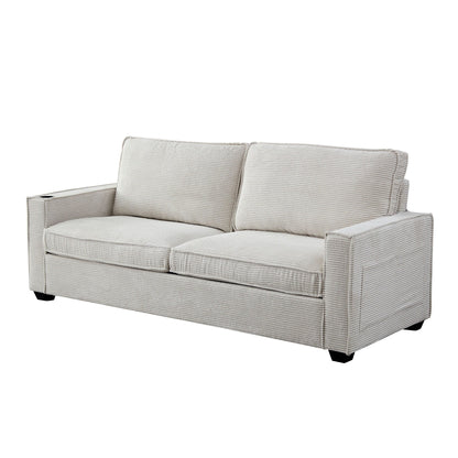 Divano moderno beige 87.4 in velluto a coste a 3 posti con seduta profonda, portabicchieri e borse portaoggetti per soggiorno