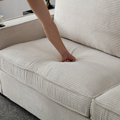 Divano moderno beige 87.4 in velluto a coste a 3 posti con seduta profonda, portabicchieri e borse portaoggetti per soggiorno