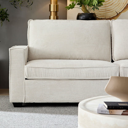 Divano moderno beige 87.4 in velluto a coste a 3 posti con seduta profonda, portabicchieri e borse portaoggetti per soggiorno