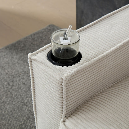 Divano moderno beige 87.4 in velluto a coste a 3 posti con seduta profonda, portabicchieri e borse portaoggetti per soggiorno