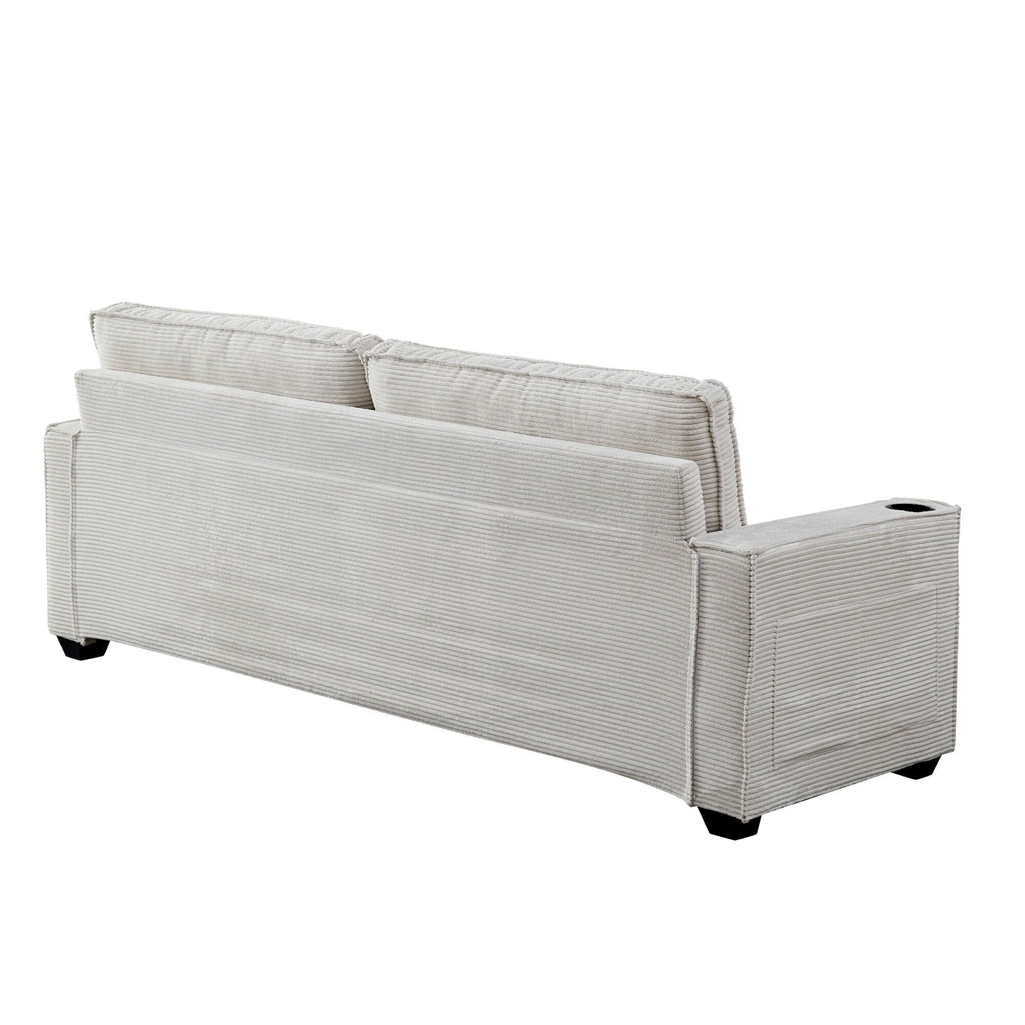 Divano moderno beige 87.4 in velluto a coste a 3 posti con seduta profonda, portabicchieri e borse portaoggetti per soggiorno