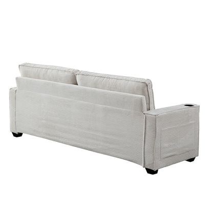 Divano moderno beige 87.4 in velluto a coste a 3 posti con seduta profonda, portabicchieri e borse portaoggetti per soggiorno