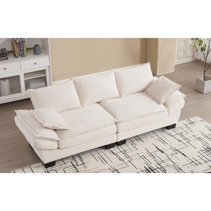 Divano a vela beige moderno 88.6 in velluto a coste a 3 posti con due cuscini e ampi piedini in plastica per il soggiorno