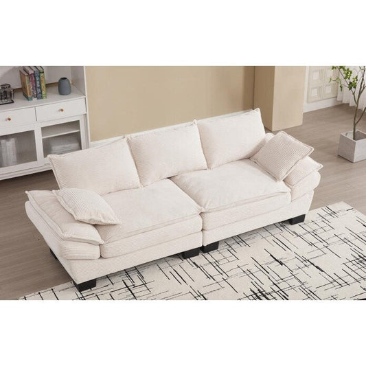 Divano a vela beige moderno 88.6 in velluto a coste a 3 posti con due cuscini e ampi piedini in plastica per il soggiorno