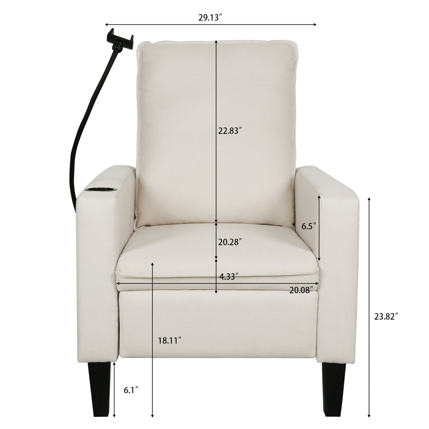 Poltrona reclinabile manuale moderna in tessuto beige con porta cellulare, portabicchieri e poggiapiedi