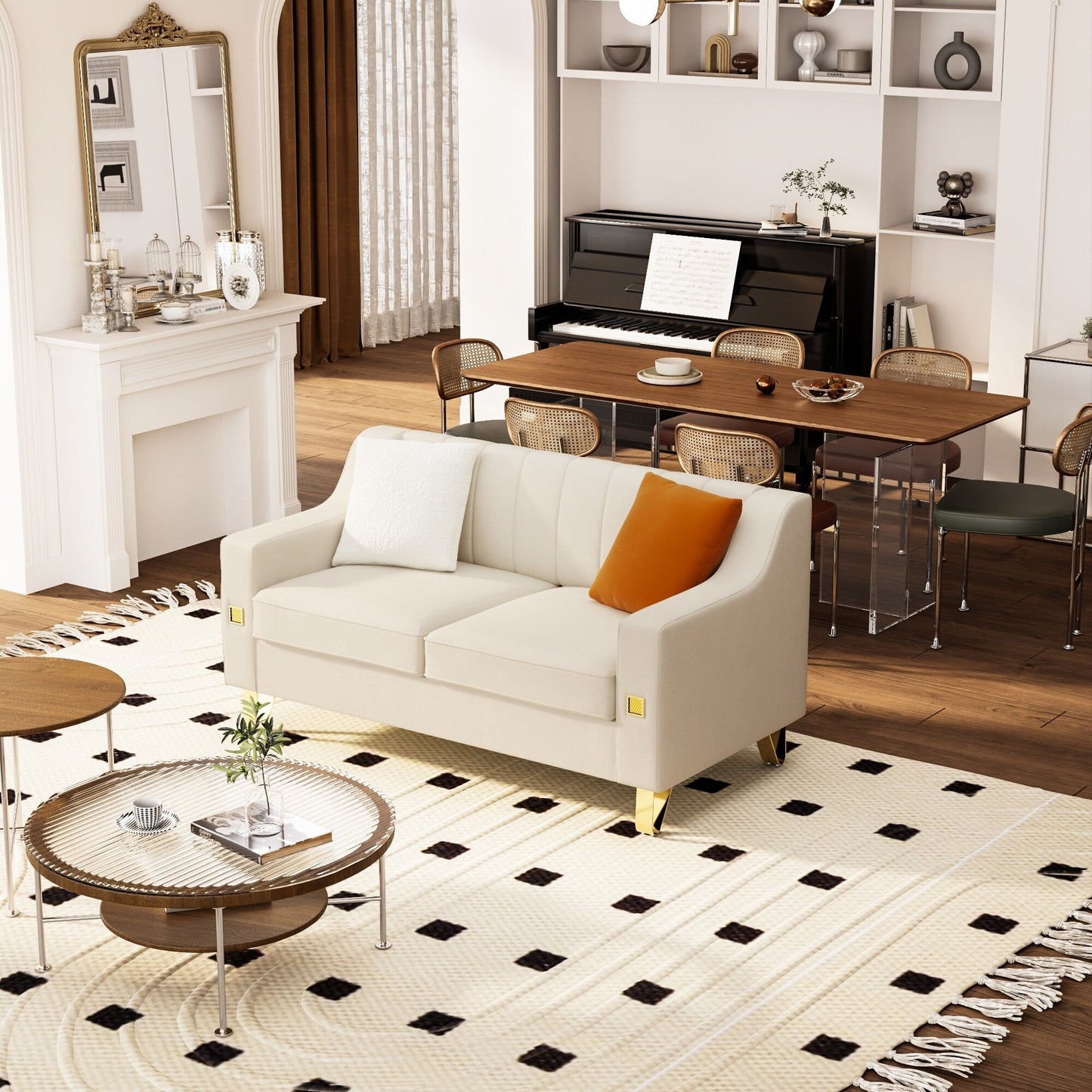 Divano moderno in velluto beige con dettagli dorati e cuscini morbidi per il soggiorno