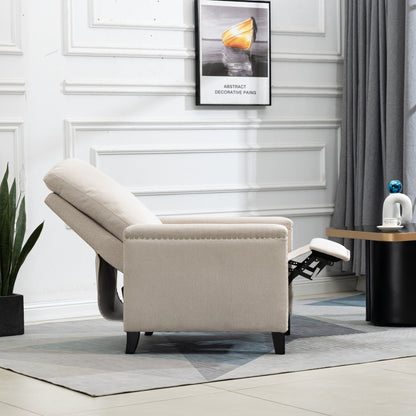 Poltrona reclinabile manuale moderna in velluto beige con cuscini e decorazione a borchie
