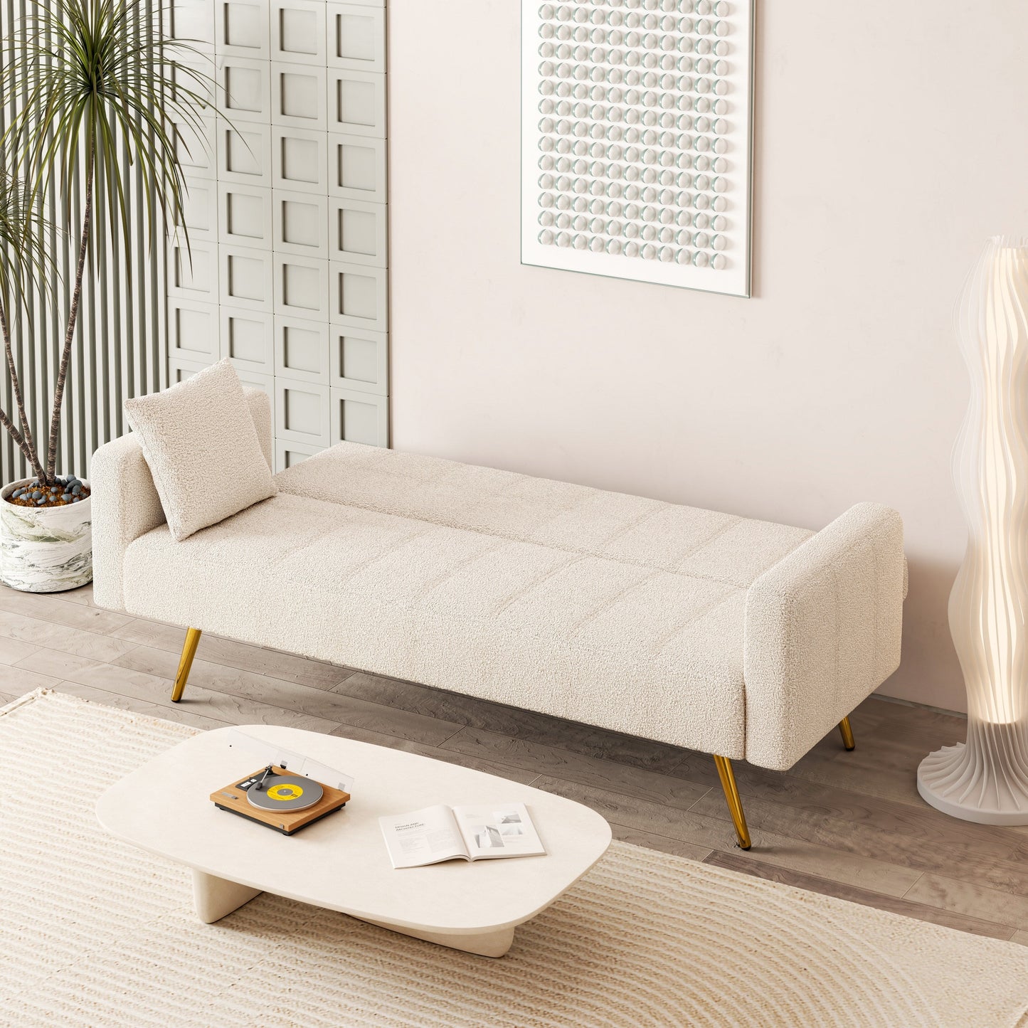 Divano letto pieghevole multifunzionale beige con gambe in metallo e cuscino