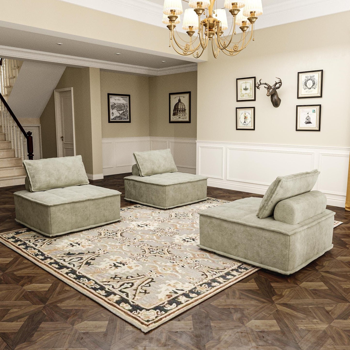 Set di divani modulari quadrati in ciniglia beige oversize da 3 pezzi con cuscini in schiuma ad alta densità, combinazione libera