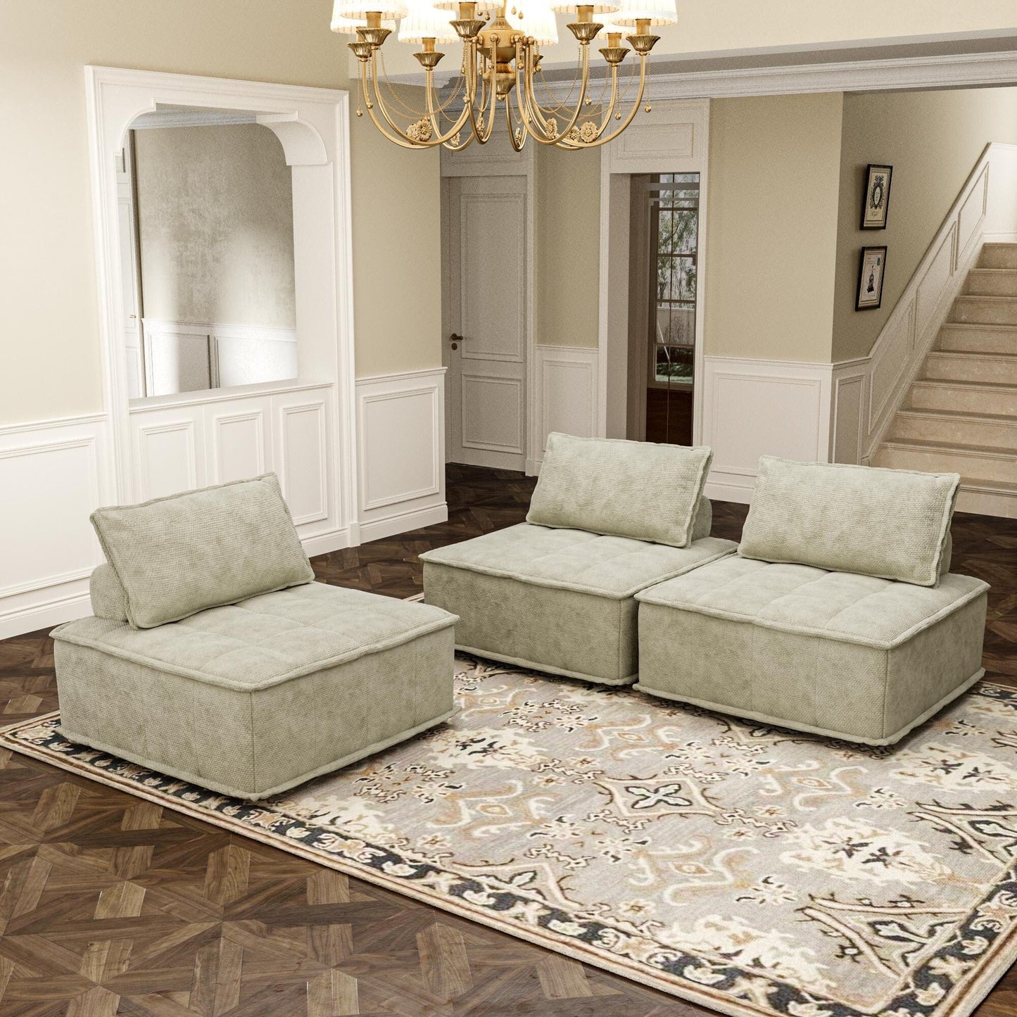 Set di divani modulari quadrati in ciniglia beige oversize da 3 pezzi con cuscini in schiuma ad alta densità, combinazione libera