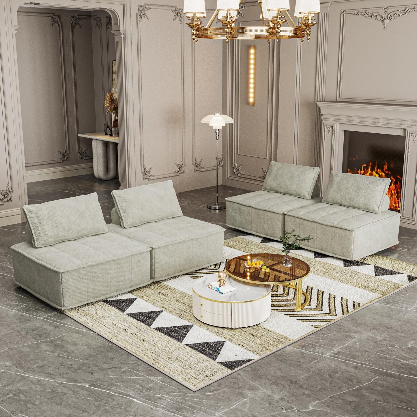 Set di divani modulari quadrati in ciniglia beige oversize da 4 pezzi con cuscini in schiuma ad alta densità, combinazione libera