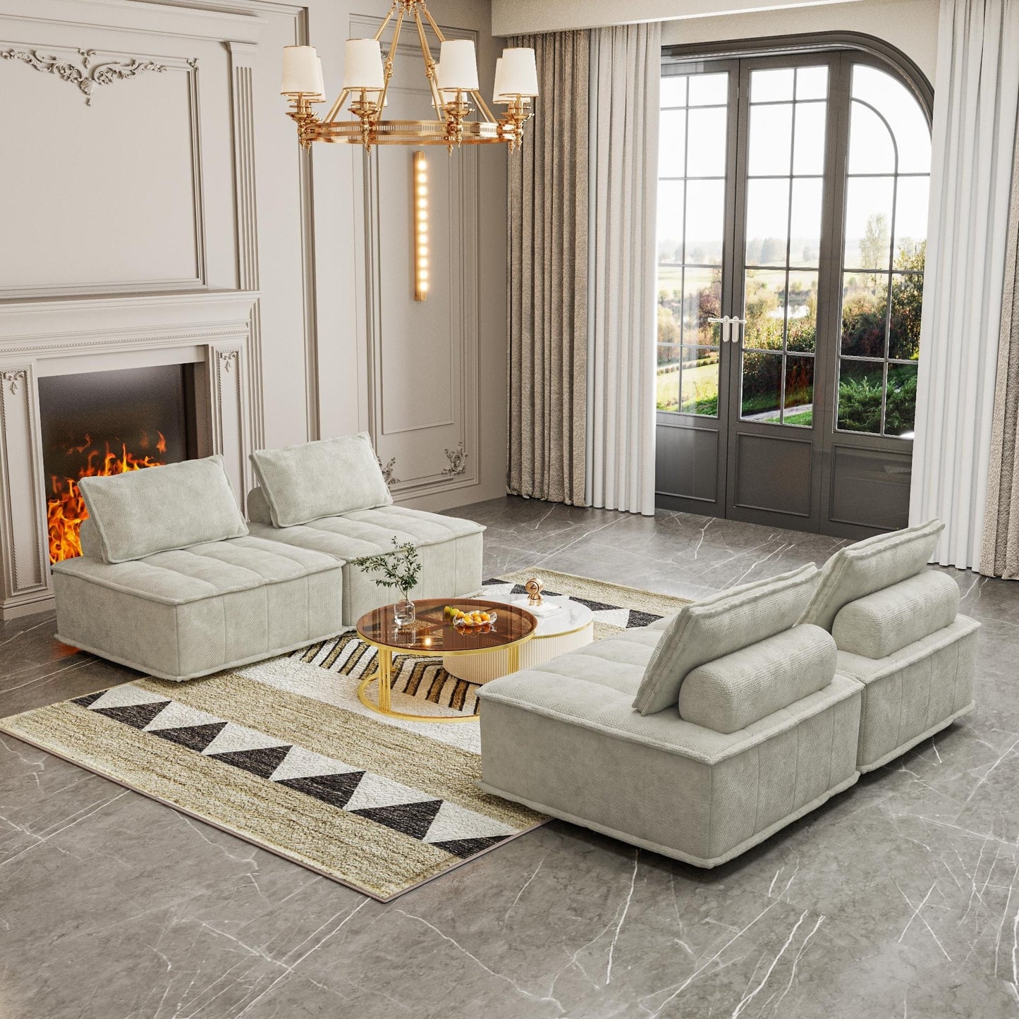 Set di divani modulari quadrati in ciniglia beige oversize da 4 pezzi con cuscini in schiuma ad alta densità, combinazione libera