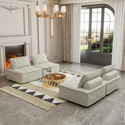 Set di divani modulari quadrati in ciniglia beige oversize da 4 pezzi con cuscini in schiuma ad alta densità, combinazione libera