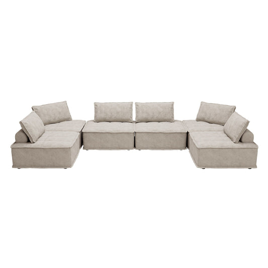 Set di divani modulari quadrati beige oversize da 6 pezzi in ciniglia con cuscini in schiuma ad alta densità, combinazione libera
