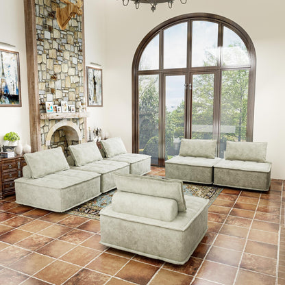 Set di divani modulari quadrati beige oversize da 6 pezzi in ciniglia con cuscini in schiuma ad alta densità, combinazione libera