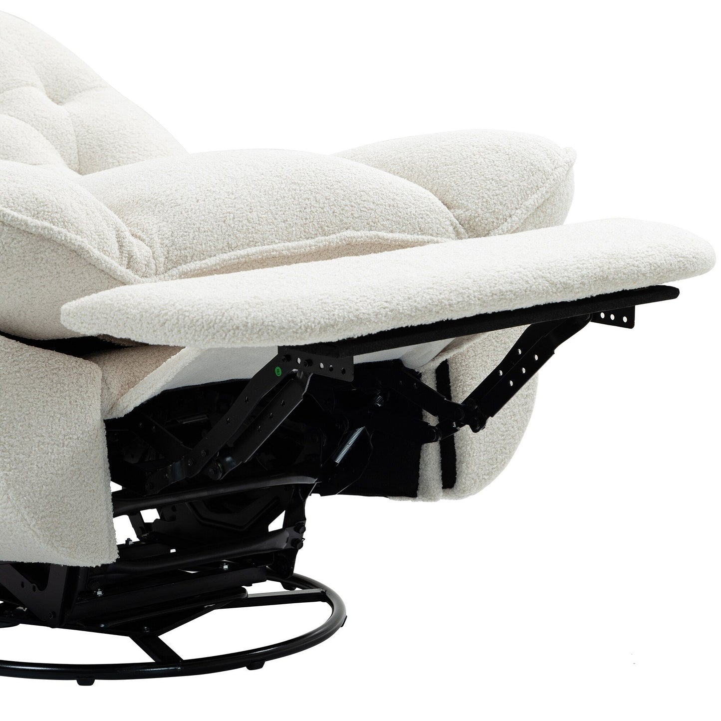 Poltrona reclinabile manuale girevole a 360° con poggiapiedi esteso e schienale imbottito in ciniglia beige di grandi dimensioni