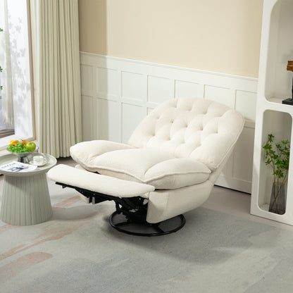 Poltrona reclinabile manuale girevole a 360° con poggiapiedi esteso e schienale imbottito in ciniglia beige di grandi dimensioni