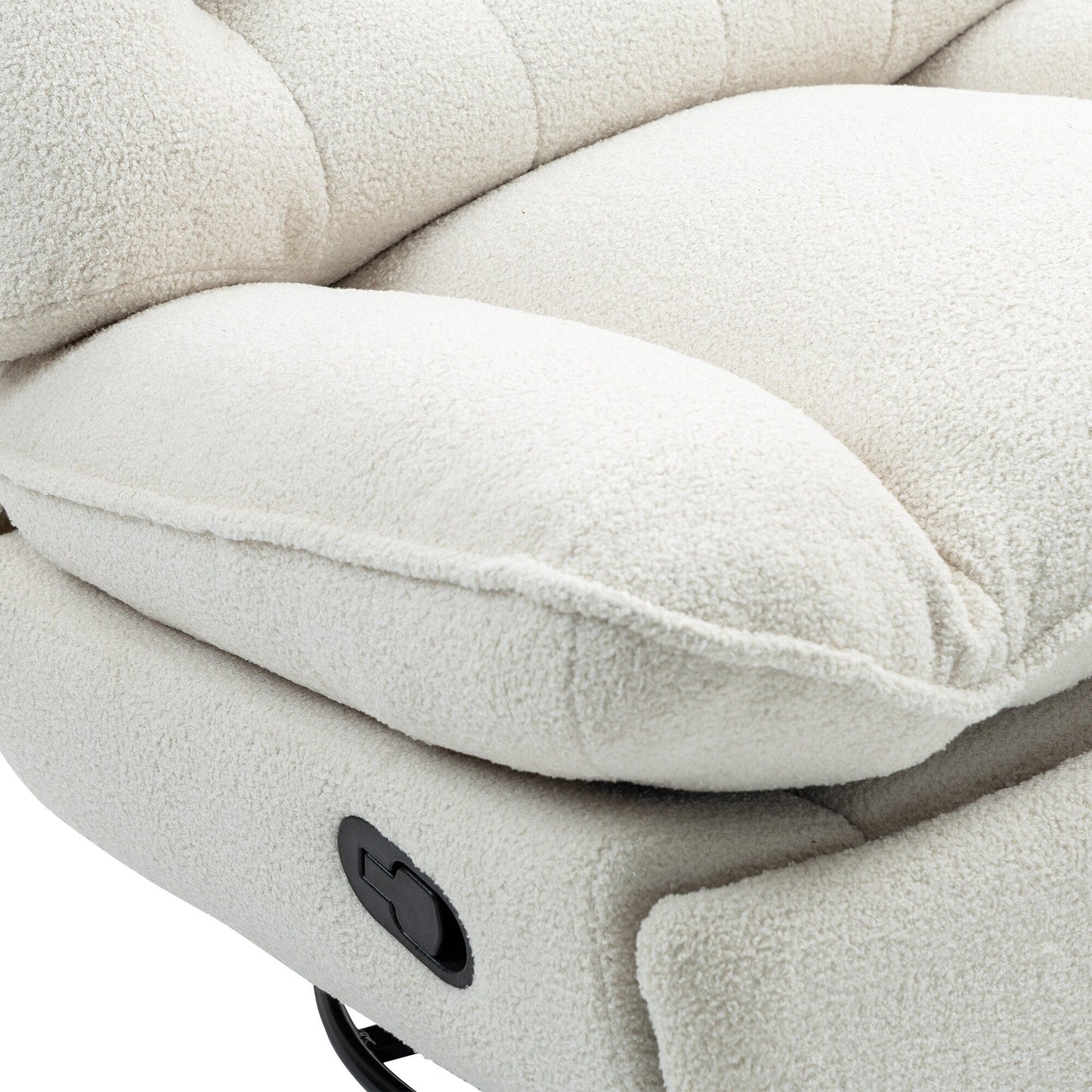 Poltrona reclinabile manuale girevole a 360° con poggiapiedi esteso e schienale imbottito in ciniglia beige di grandi dimensioni