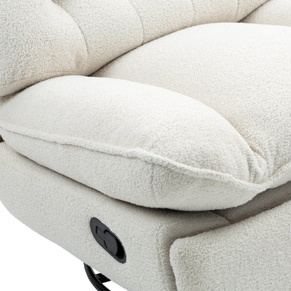 Poltrona reclinabile manuale girevole a 360° con poggiapiedi esteso e schienale imbottito in ciniglia beige di grandi dimensioni