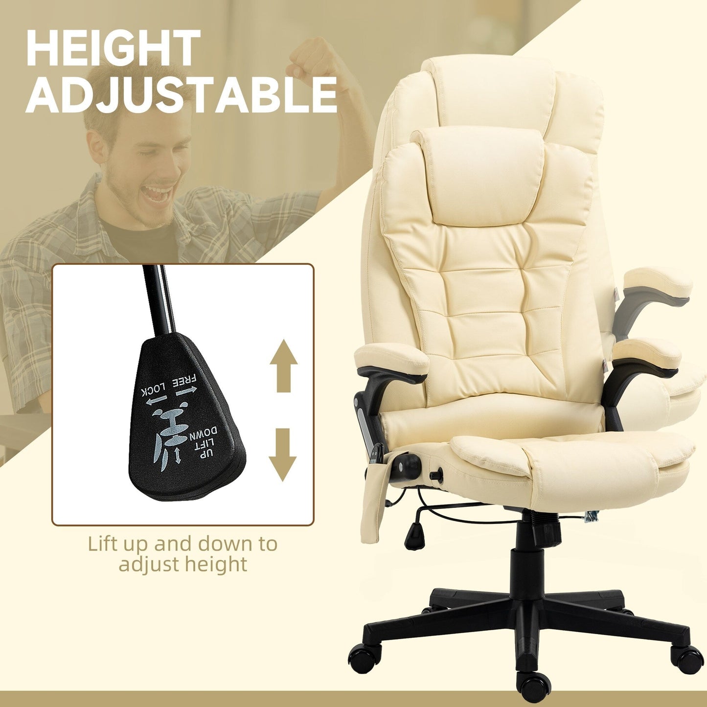 Poltrona reclinabile da ufficio con schienale alto girevole a 360° in pelle PU beige, massaggio vibrante, riscaldamento lombare e altezza regolabile