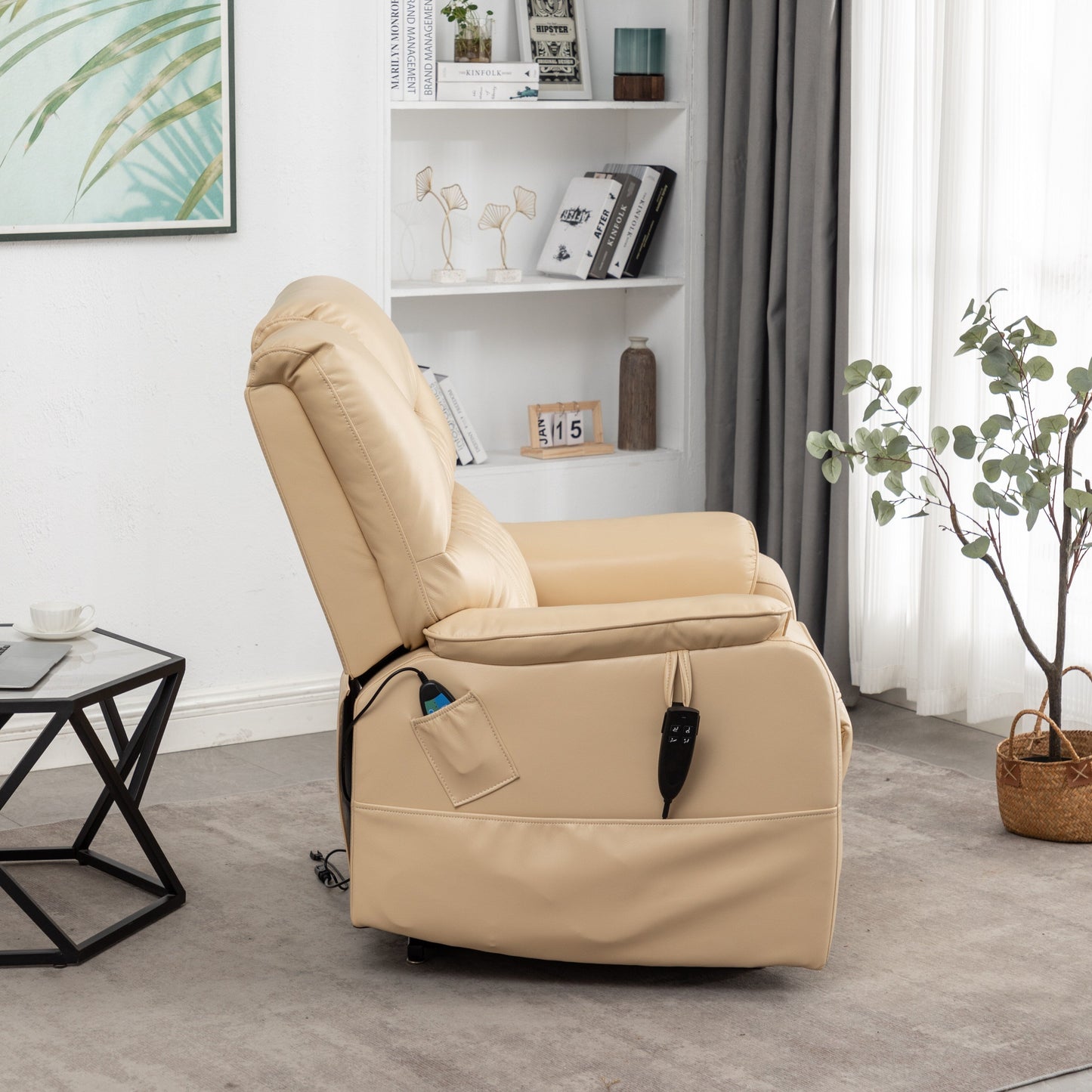 Poltrona reclinabile elettrica in pelle PU beige, massaggio, posizione piatta