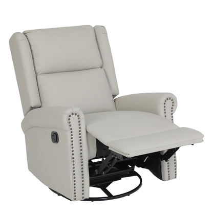 Poltrona reclinabile manuale girevole a 360° rivestita in pelle PU beige con schienale e poggiapiedi regolabili, decorazione con borchie