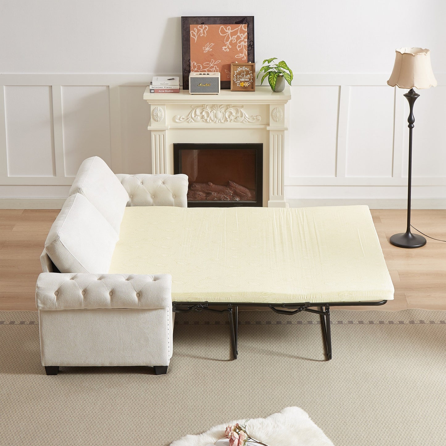 Divano letto trasformabile a 3 posti in poliestere beige