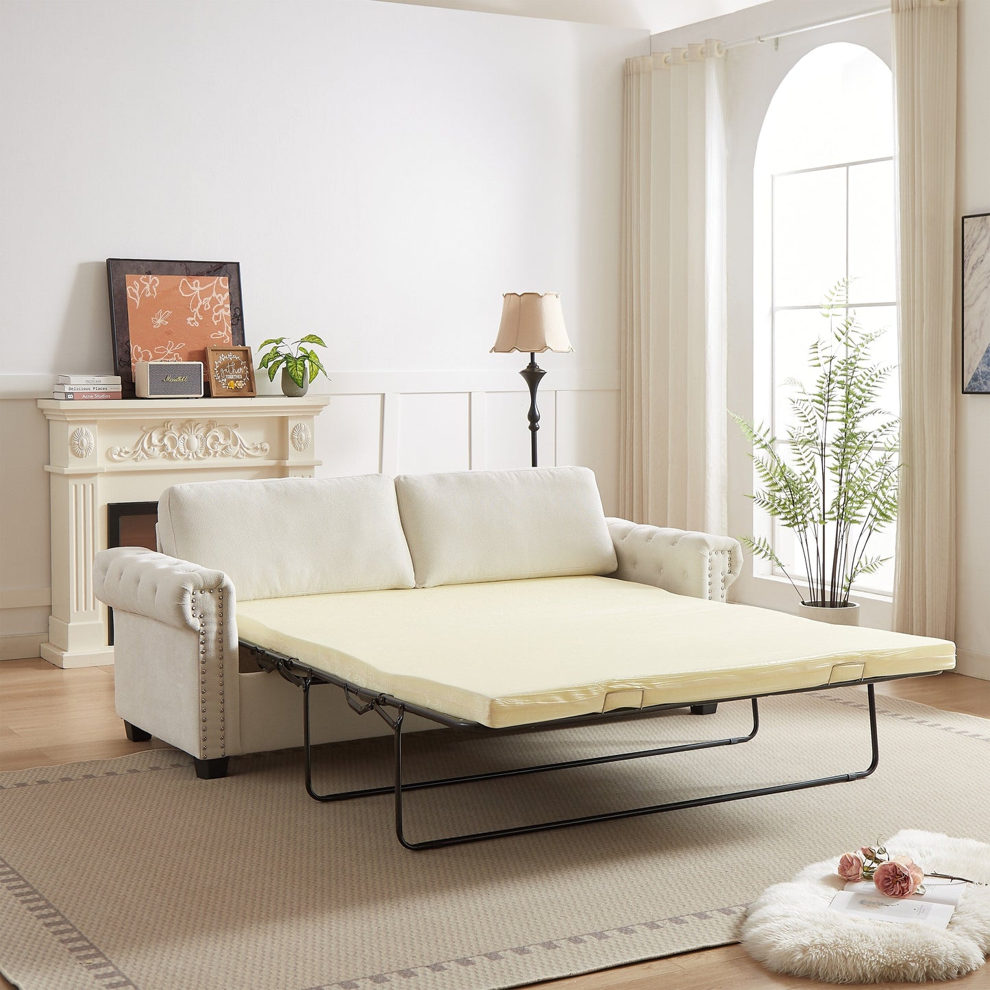 Divano letto trasformabile a 3 posti in poliestere beige