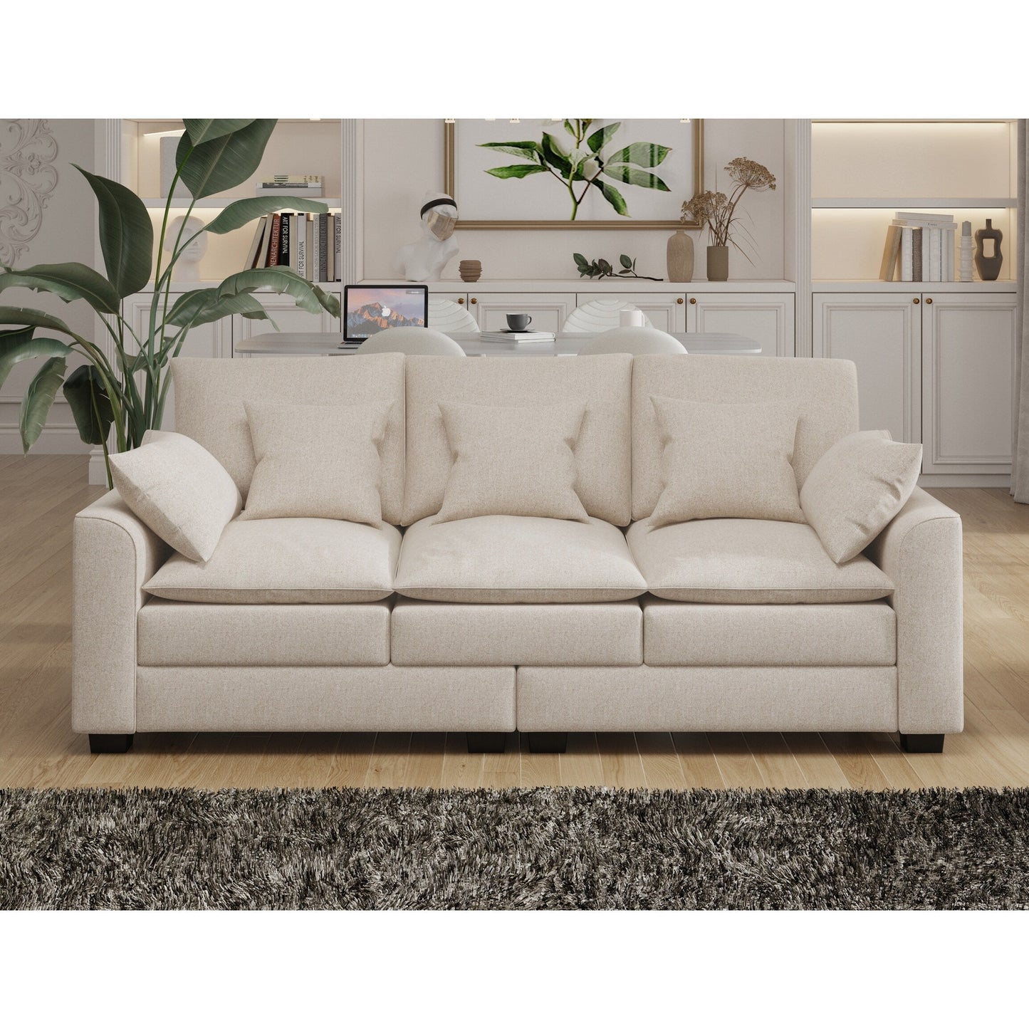 Divano a 3 posti in poliestere beige con cuscini e gambe in legno