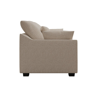 Divano a 3 posti in poliestere beige con cuscini e gambe in legno