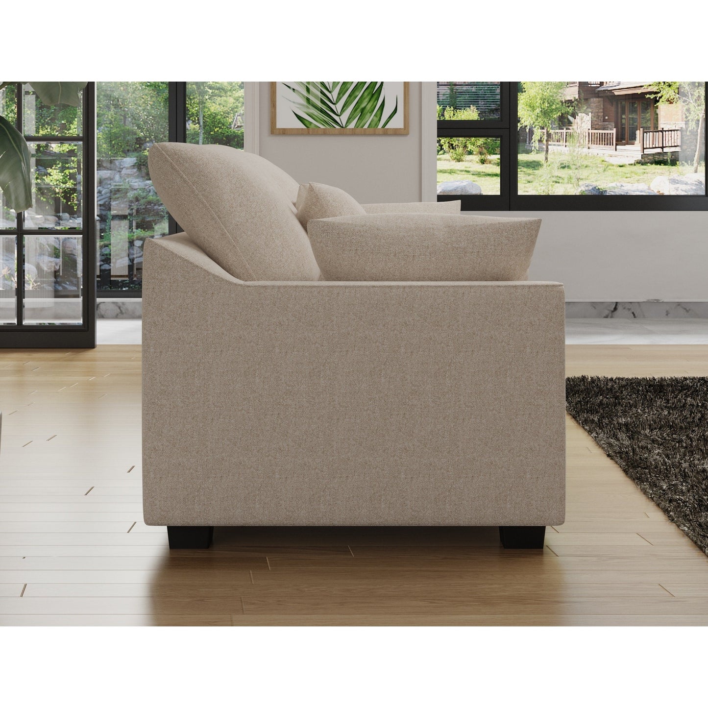 Divano a 3 posti in poliestere beige con cuscini e gambe in legno