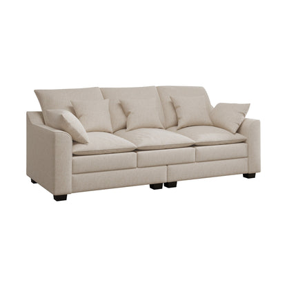 Divano a 3 posti in poliestere beige con cuscini e gambe in legno