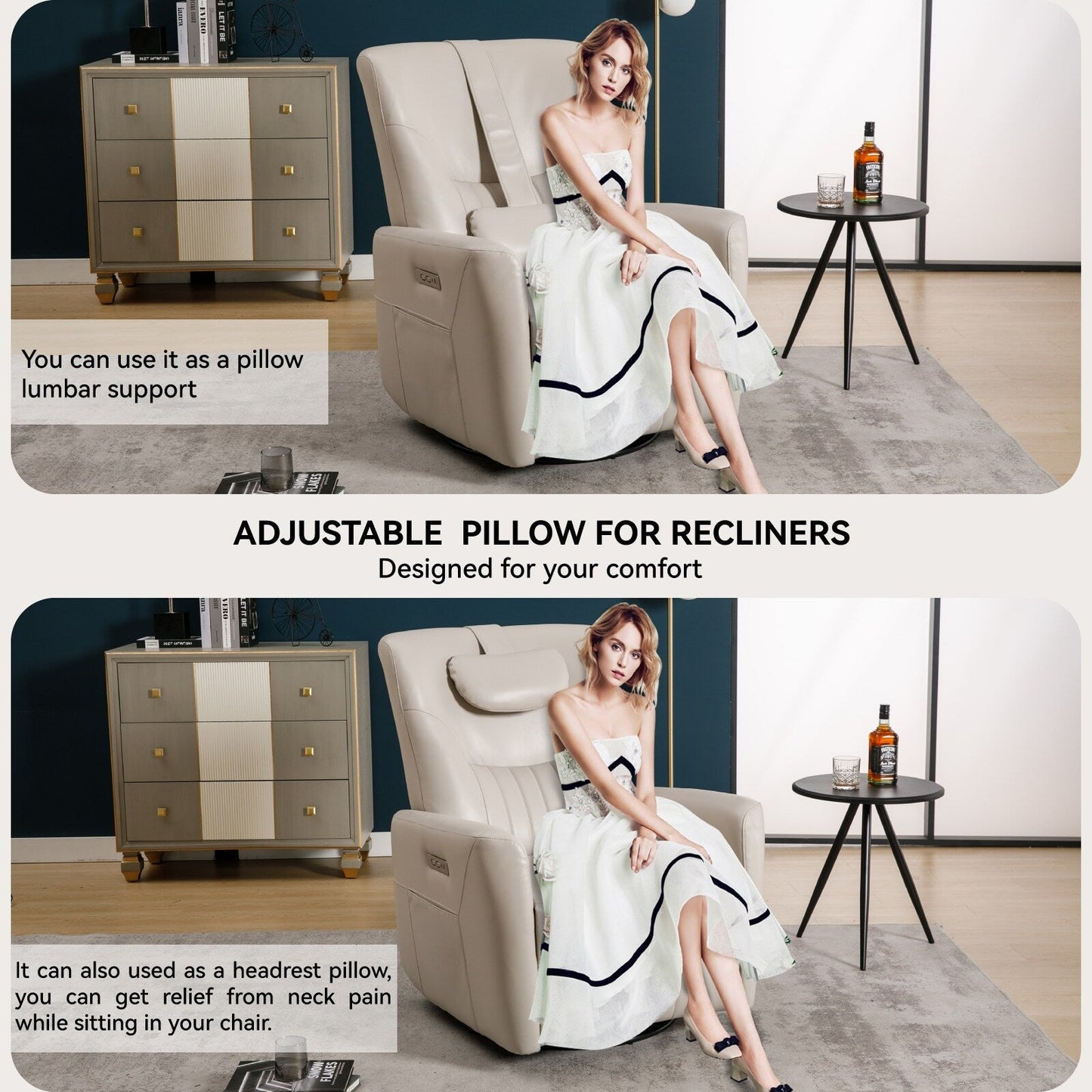 Poltrona reclinabile elettrica beige con movimento girevole, oscillante e cuscino lombare