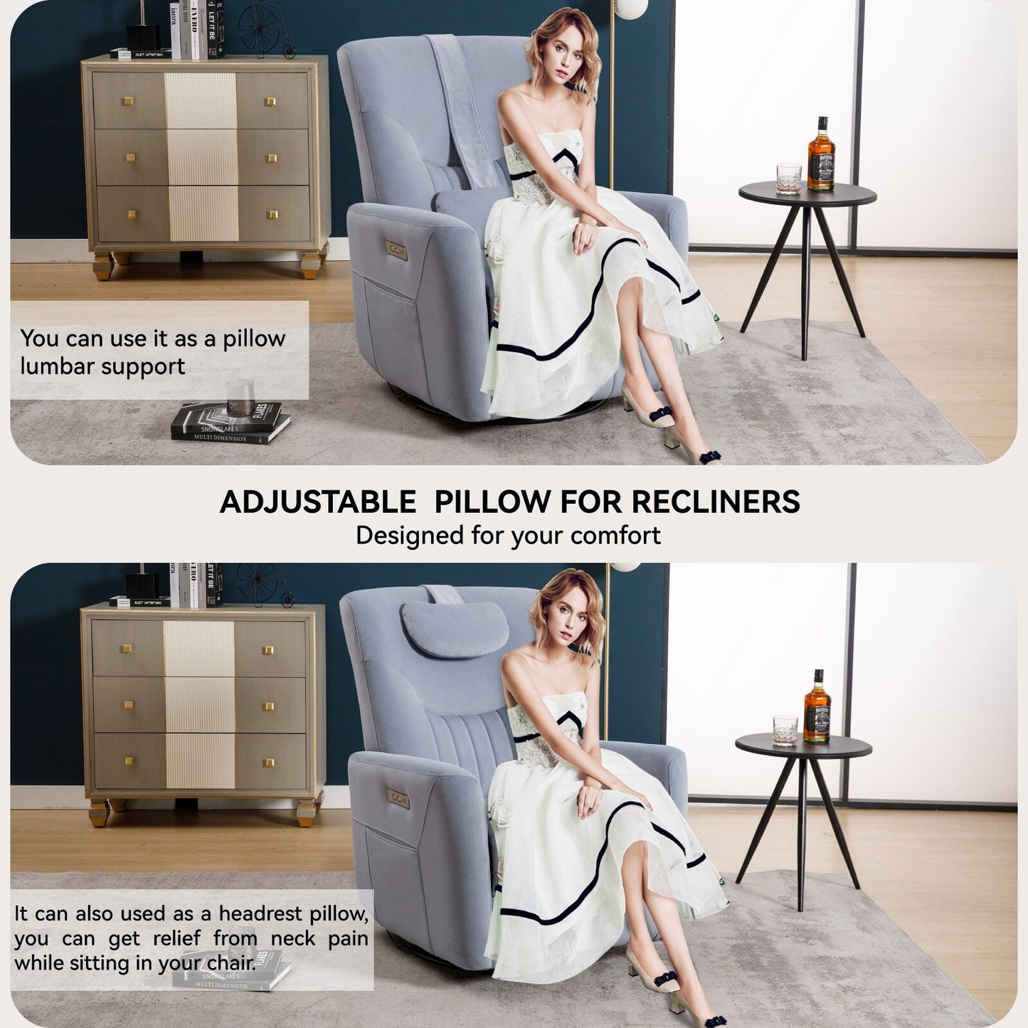 Poltrona reclinabile elettrica beige con movimento girevole, oscillante e cuscino lombare